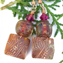 BAMBOO SUMMER - Handmade Earrings, Copper Bamboo Lampwork Fuchsia Crystal Jewelry