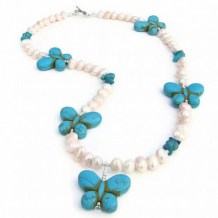 MARIPOSAS - Turquoise Magnesite Butterfly Handmade Necklace, Pearls Summer Jewelry