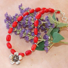 IN FULL BLOOM - Thai Flower Red Coral Textured Chain Handmade Necklace