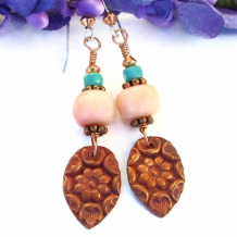 DELIGHTFUL DAISIES - Handmade Copper Daisy Earrings, Pink Coral Turquoise Flower Jewelry