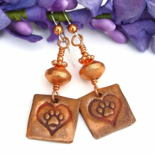 DOG LOVE - Dog Rescue Copper Paw Print and Hearts Earrings, Handmade  Jewelry