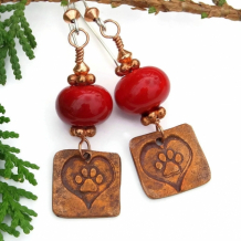 "Dog Love" - Dog Love Handmade Earrings, Copper Paw Prints and Hearts, Red Lampwork Jewelry