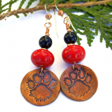 "Dog Love" - Handmade Dog Rescue Pawprint Earrings, Red Lampwork Artisan Jewelry