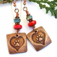 BEST BUDDY - Dog Cat Paw Prints Hearts Earrings, Copper Red Aqua Handmade Jewelry
