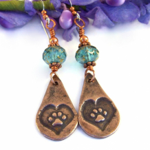 LOVE OF MY LIFE - Dog Lover Paw Print Hearts Earrings, Copper Aqua Handmade Jewelry Gift