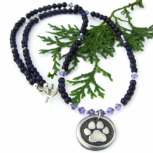 RESCUED - Dog Paw Print Rescued Necklace, Purple Goldstone Handmade Jewelry Gift