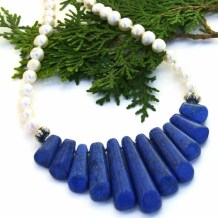 FAN-TASIA - Blue Fan Handmade Necklace, Howlite Pearls Gemstone Jewelry