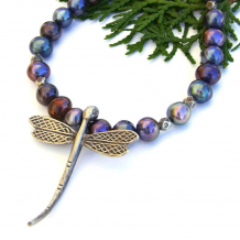 "Dragonfly Dance" - Thai Dragonfly Pendant and Peacock Pearls Handmade Necklace, Unique Artisan Beaded Jewelry