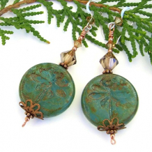 DRAGONFLY SPRING - Dragonfly Earrings, Handmade Czech Glass Swarovski Green Brown Jewelry