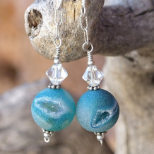 INTRIGUING - Druzy Earrings Aqua Agate Swarovski Handmade Jewelry Gemstone Sparkly