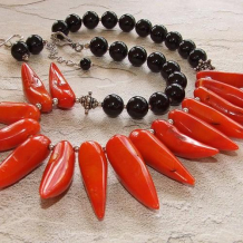 HOT...HOT...HOT - Red Coral Chili Peppers Black Jade Bali Silver Handmade Necklace