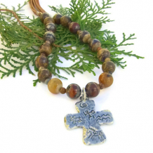 VADASZ - Petroglyph Pewter Cross Handmade Necklace, Jasper Leather