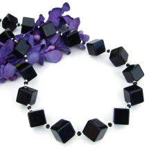 BACK IN BLACK - Black Onyx Handmade Necklace, Diagonal Cubes Sterling Gemstone Jewelry