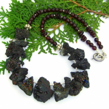 "Earth Magic" - Rainbow Peacock Druzy Necklace, Red Garnet Handmade Artisan Gemstone Jewelry