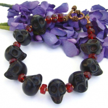 GOTH MIDNIGHT - Goth Black Skulls Handmade Bracelet, Red Crystals Halloween Jewelry