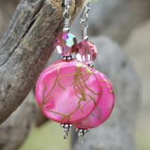 PERFECTLY PINK - Hot Pink Mother of Pearl Handmade Earrings, Swarovski Gold Unique