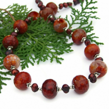 CRESCENDO - Red Fire Agate Handmade Gemstone Necklace, Pearls Beaded Jewelry
