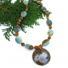 "Espiral" - Ammonite Fossil Handmade Necklace, Amazonite, Jasper, Unique Artisan Gemstone Jewelry