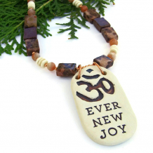 "Ever New Joy" - Om Aum Handmade Pendant Necklace, Jasper Sunstone Bone Artisan Yoga Jewelry