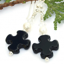 "Everlasting Love" Black Onyx Cross Earrings Handmade Pearls Swarovski Christian Jewelry
