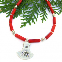 "Exotica" - Thai Fine Silver Red Coral Handmade Necklace, Ulu Flower Beaded Jewelry