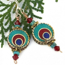 LHASA DREAMS - Tibetan Beads Turquoise Crystals Brass Handmade Earrings