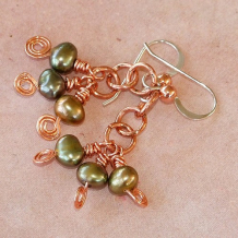 DREAMING OF BELIZE - Green Pearl Copper Spirals Cluster Earrings, Handmade 