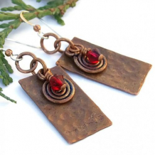 COPPER BEAUTY - Hammered Copper Spiral Siam Swarovski Handmade Earrings, Jewelry