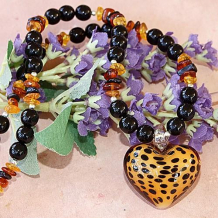 YOUR CHEETAH-IN' HEART - Cheetah Glass Heart Black Onyx Amber Handmade Necklace