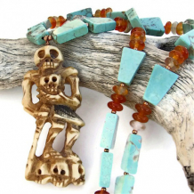 SKELETOR - Skeleton Handmade Day of the Dead Necklace Turquoise Carnelian 