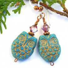 HOOTIE - Handmade Turquoise Owl Earrings, Czech Glass Gold Dangle Jewelry