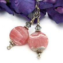 SWEET PINK - Pink Rhodochrosite Swarovski Earrings, Handmade Summer Gemstone