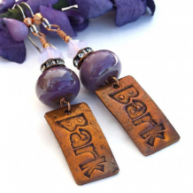 "best Friend" - Bark Dog Rescue Handmade Earrings, Purple Lampwork Artisan Jewelry