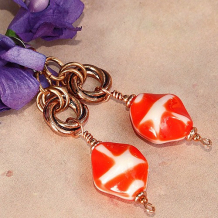 ORANGE CRUSH - Vintage Czech Glass Copper Earrings Orange White Handmade Jewelry