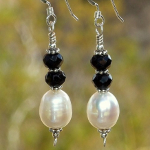 STARS AT MIDNIGHT - White Pearls Black Onyx Handmade Earrings, Sterling OOAK Beaded Jewelry