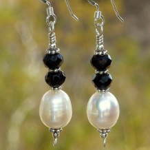 STARS AT MIDNIGHT - White Pearls Black Onyx Handmade Earrings, Sterling OOAK Beaded Jewelry
