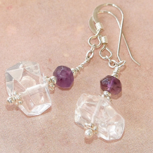 CROCUS THROUGH THE ICE - Clear Quartz Amethyst Handmade Gemstone Earrings, Beaded Jewelry
