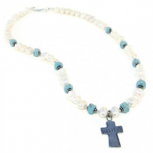 BELIEVE - Believe Cross Necklace, Pearls Lampwork Handmade Christian Jewelry