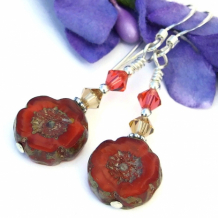 "Fall Flowers" - Persimmon Red Orange Flower and Crystal Earrings, Handmade Autumn Fall Artisan Jewelry