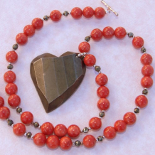 HEART OF MY HEART - Pyrite Heart Handmade Necklace, Red Sponge Coral Beaded Jewelry