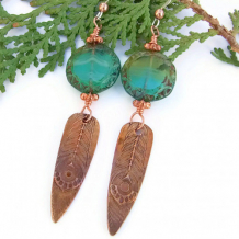 PRETTY AS A PEACOCK - Copper Peacock Feather Handmade Earrings, Aqua Czech Glass Jewelry