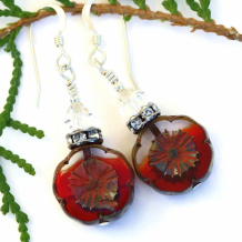 FLEUR - Red Flower Earrings, Pansy Czech Glass Christmas Handmade Jewelry Gift