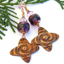 "Flora" - Rose Cross Handmade Earrings, Purple Lampwork, Amethyst Swarovski, Artisan Jewelry