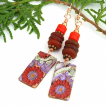 "Floral Beauty" - Copper Flower Charm Handmade Earrings, Brown Horn Red Coral Dangle Jewelry