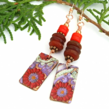 "Floral Beauty" - Copper Flower Charm Handmade Earrings, Brown Horn Red Coral Dangle Jewelry "Floral Beauty" - Copper Flower Charm Handmade Earrings, Brown Horn Red Coral Dangle Jewelry