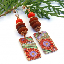 "Flower Tapestry" Artisan Handmade Copper Earrings with Horn and Red Coral