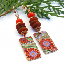 "Flower Tapestry" Artisan Handmade Copper Earrings with Horn and Red Coral "Flower Tapestry" Artisan Handmade Copper Earrings with Horn and Red Coral