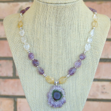 "Flower of the Earth" - Druzy Pendant Handmade Necklace, Amethyst Citrine Quartz Jewelry