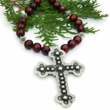 FOR HIS LOVE - Budded Cross Christian Necklace, Burgundy Pearls Pewter Sterling Handmade Artisan Jewelry