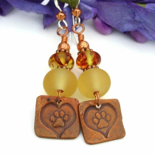 FOR LOVE OF A DOG - Dog Paw Print Hearts Earrings, Yellow Lampwork Amber Copper Jewelry